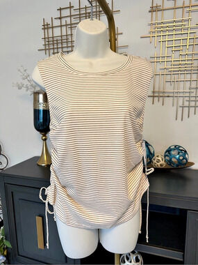 Just Be. Striped Ruched Tank Top in White & Brown Like New